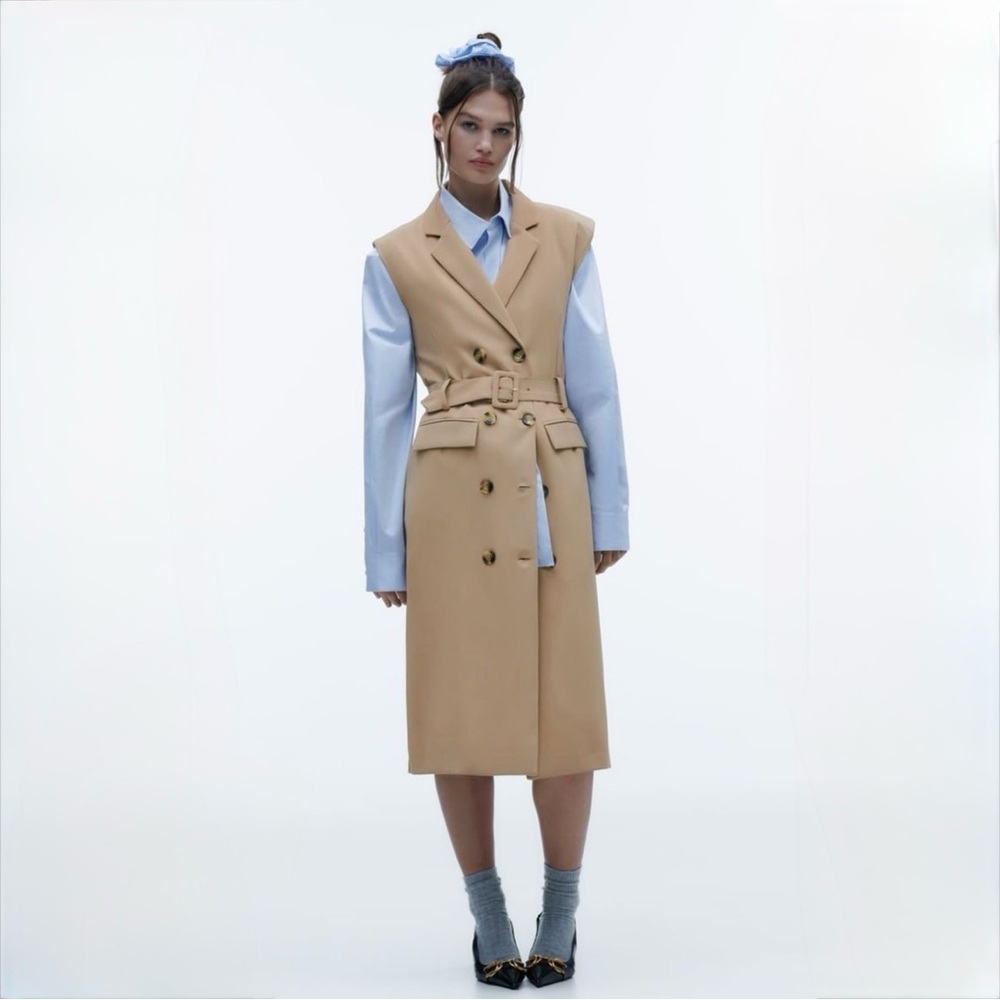 Zara Tan Midi Dress with Blue Accents